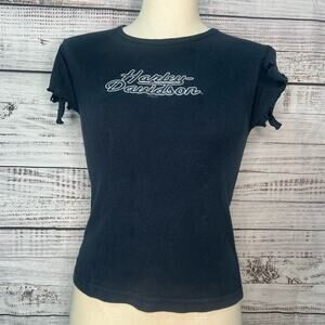 Y2K Harley Davidson Shirt Womens Small Blue Glitter Logo Motorcycle Bike Biker